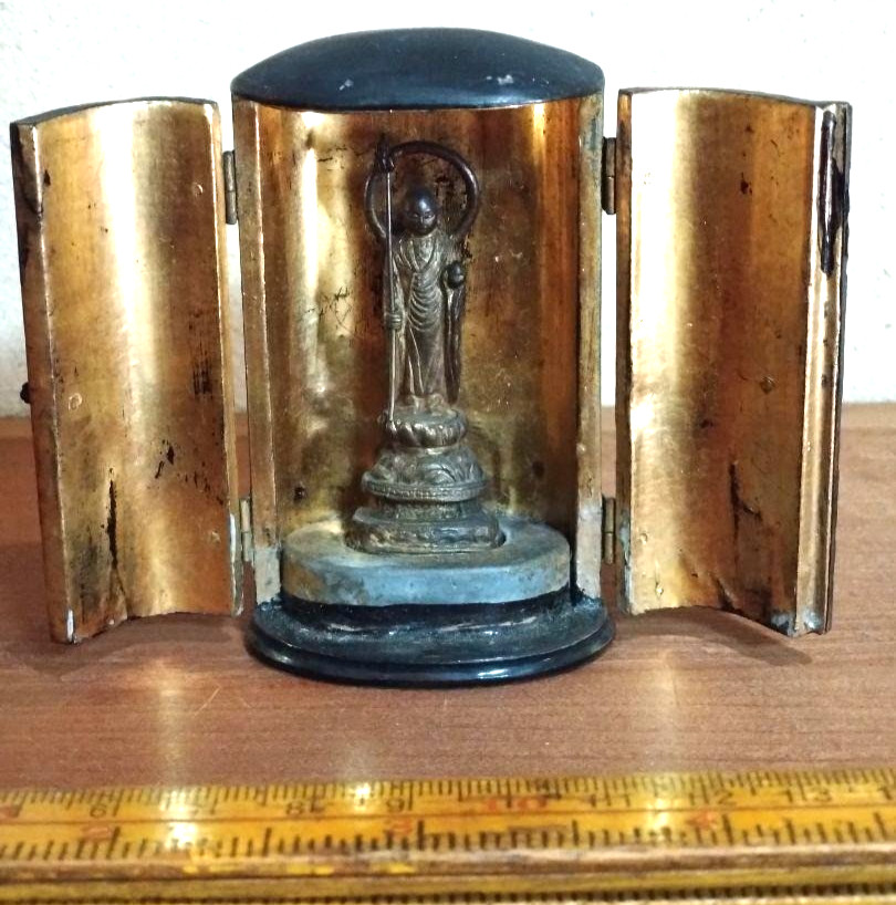 Japanese Vintage Copper Jizo Bodhisattva Statue H2.3in W/Zushi H3.5×2.1×1.4in FS