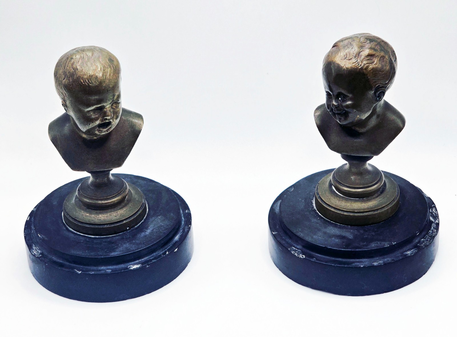 ANTIQUE PAIR BRONZE BUSTS LAUGHING AND CRYING BOYS AFTER HOUDON 19TH CENT 10 CM