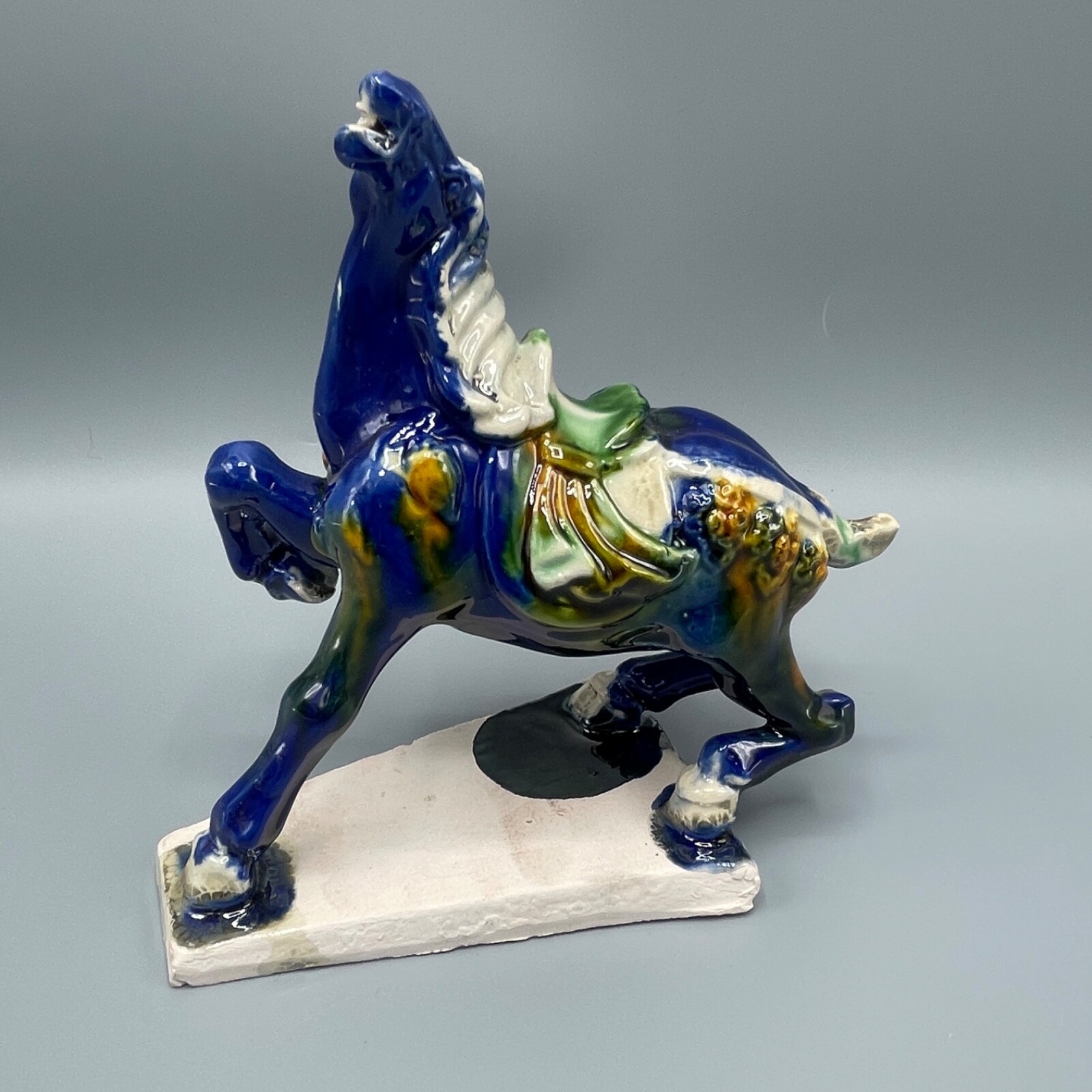 6″ Chinese Tang Tri-Color Glazed Ceramics Blue War Horse Porcelain Statue Gift