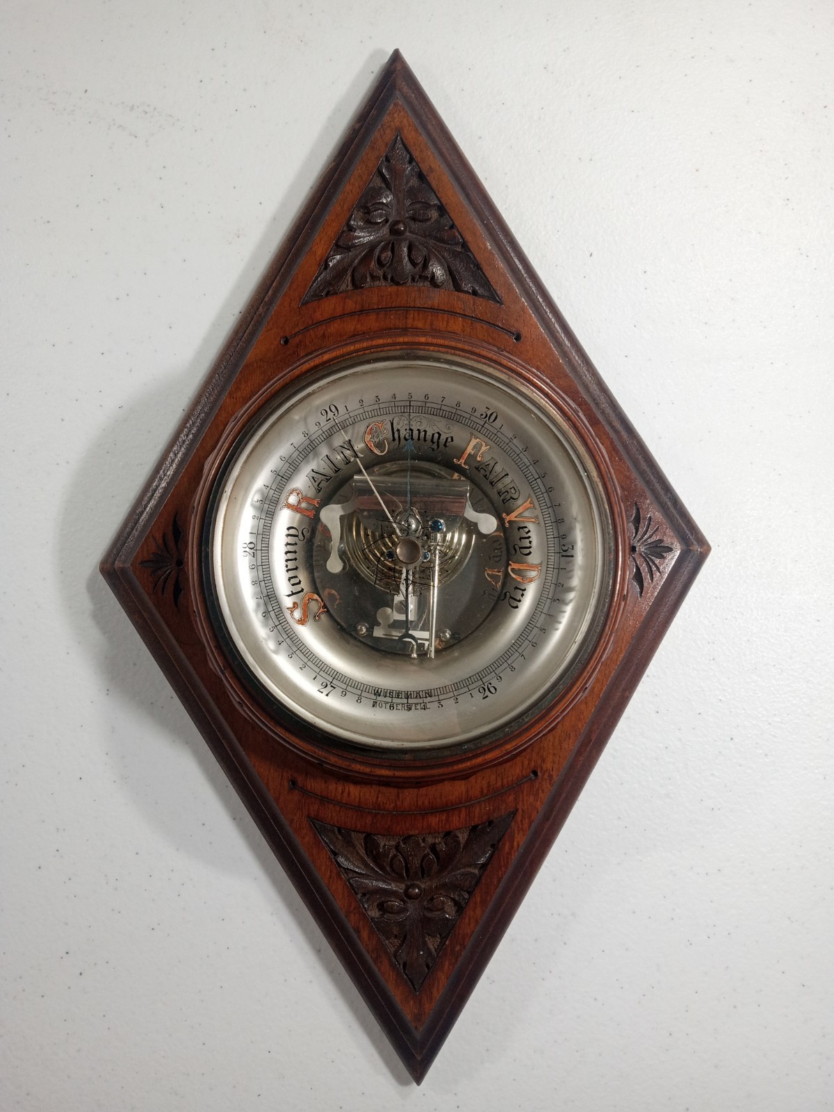 Rare Antique Scottish Barometer Motherwell Scotland Wiseman Carved Inlaid Wood