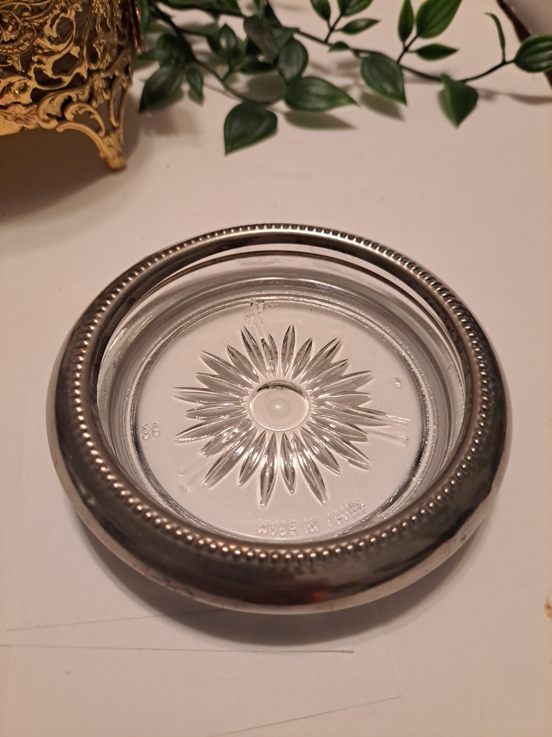 Vtg Ashtray Leonard Italy Silver Plated Rimmed Crystal Star Burst MCM 50’s-70’s