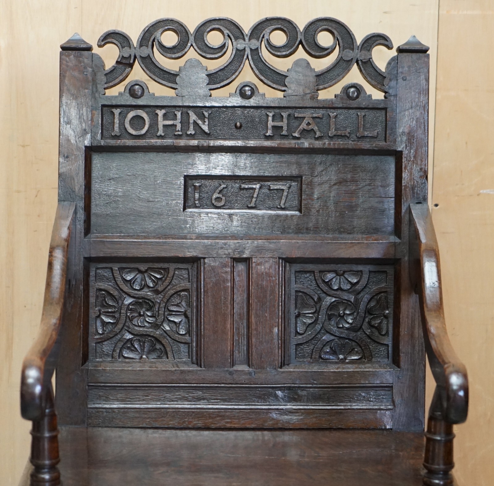 ANTIQUE EXCEPTIONALLY RARE 1677 DATED JOHN HALL ARMCHAIR NORTHERN ENGLAND OAK