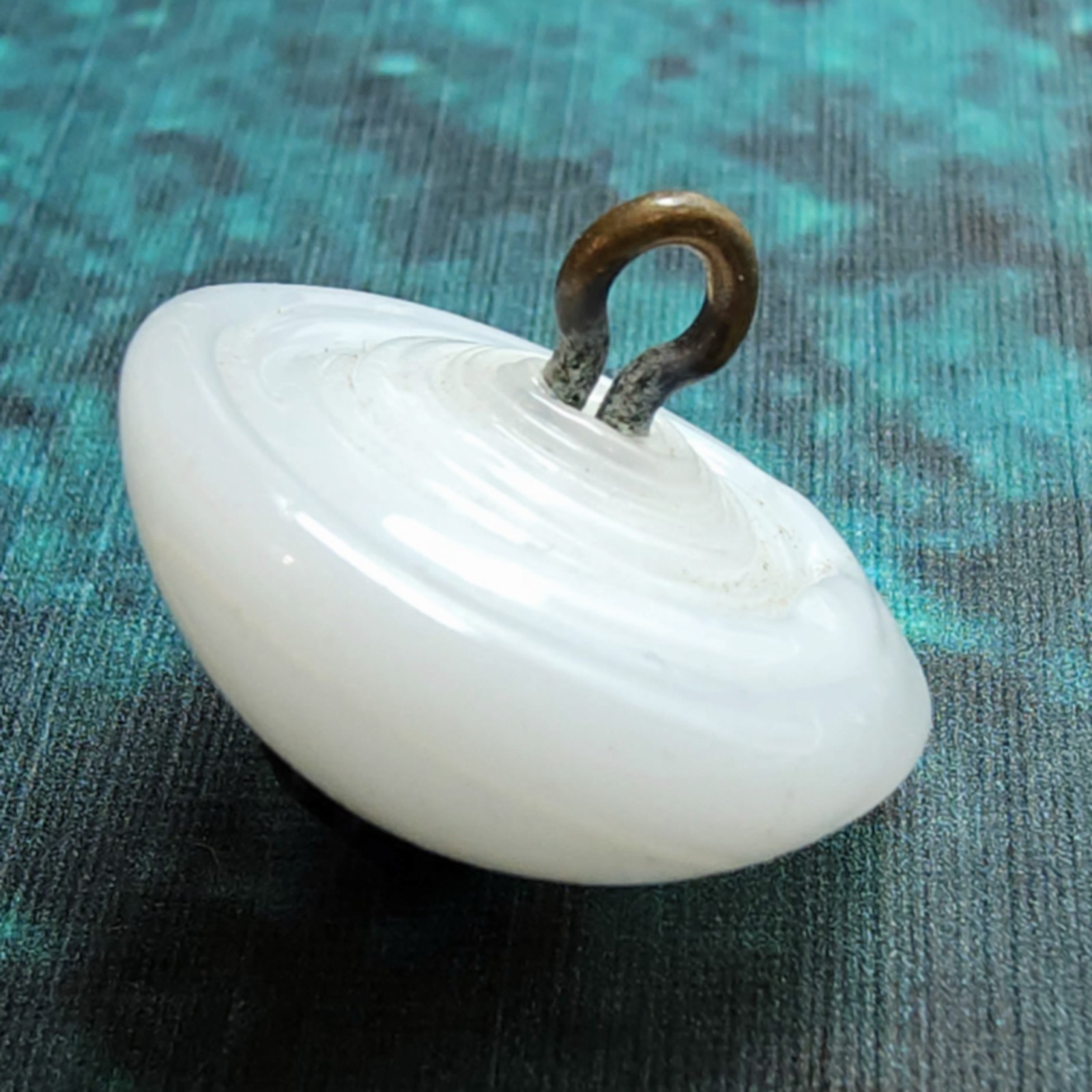Antique Swirlback Charmstring Button ~ Milk Glass w/ Faceted Black Glass Coronet
