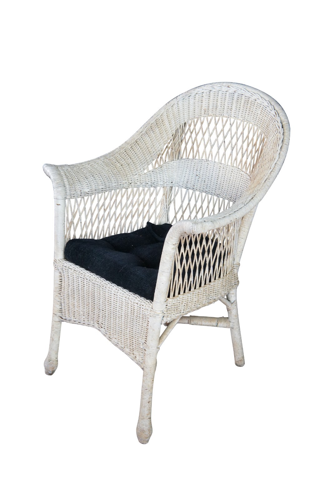 Antique White Painted Wicker Boho Chic Cottage Farmhouse Patio Lounge Armchair