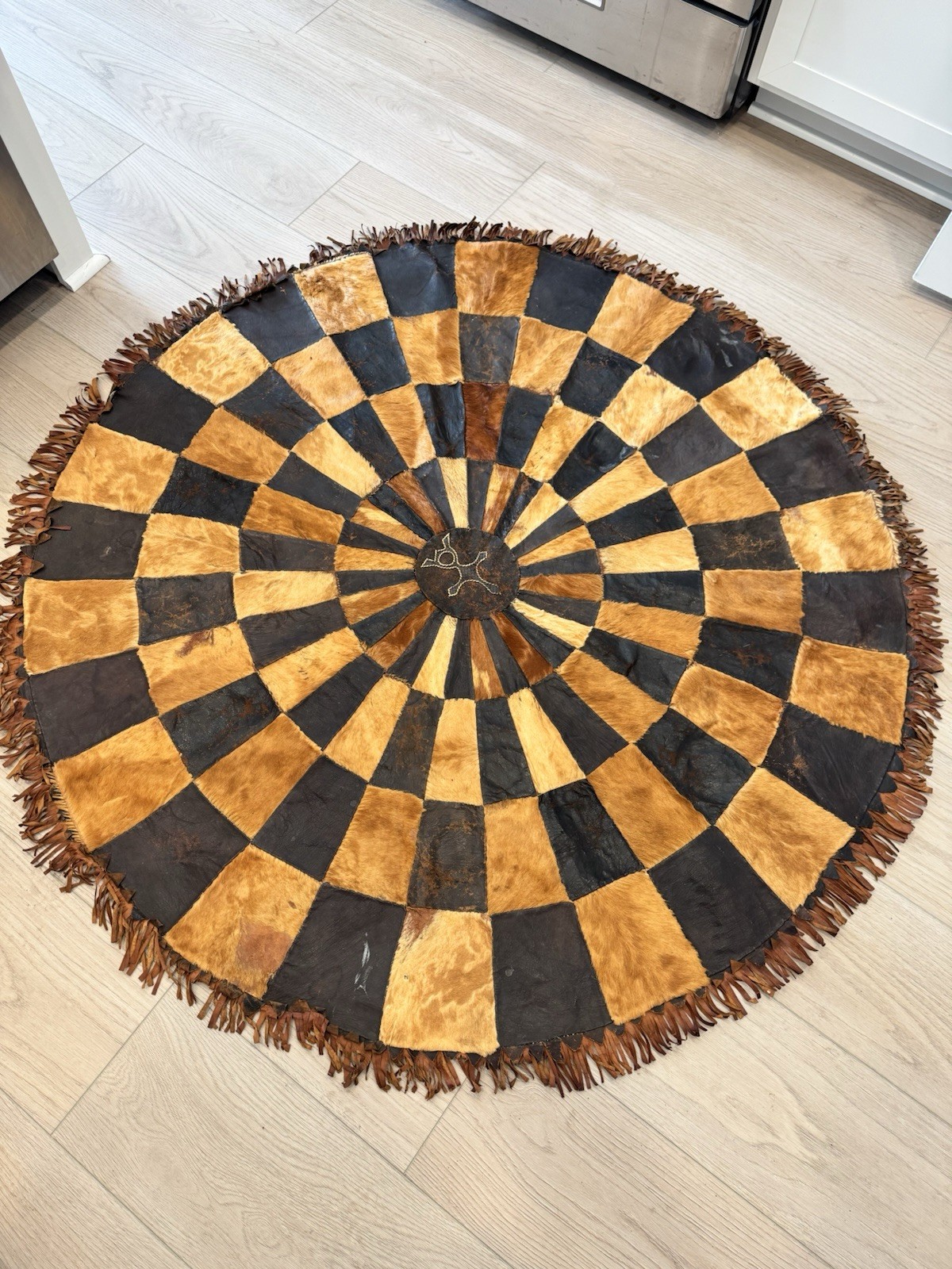 VTG Patchwork Leather Area Rug Wall Hanging Boho Hippy Cowboy Cabin Western Boho