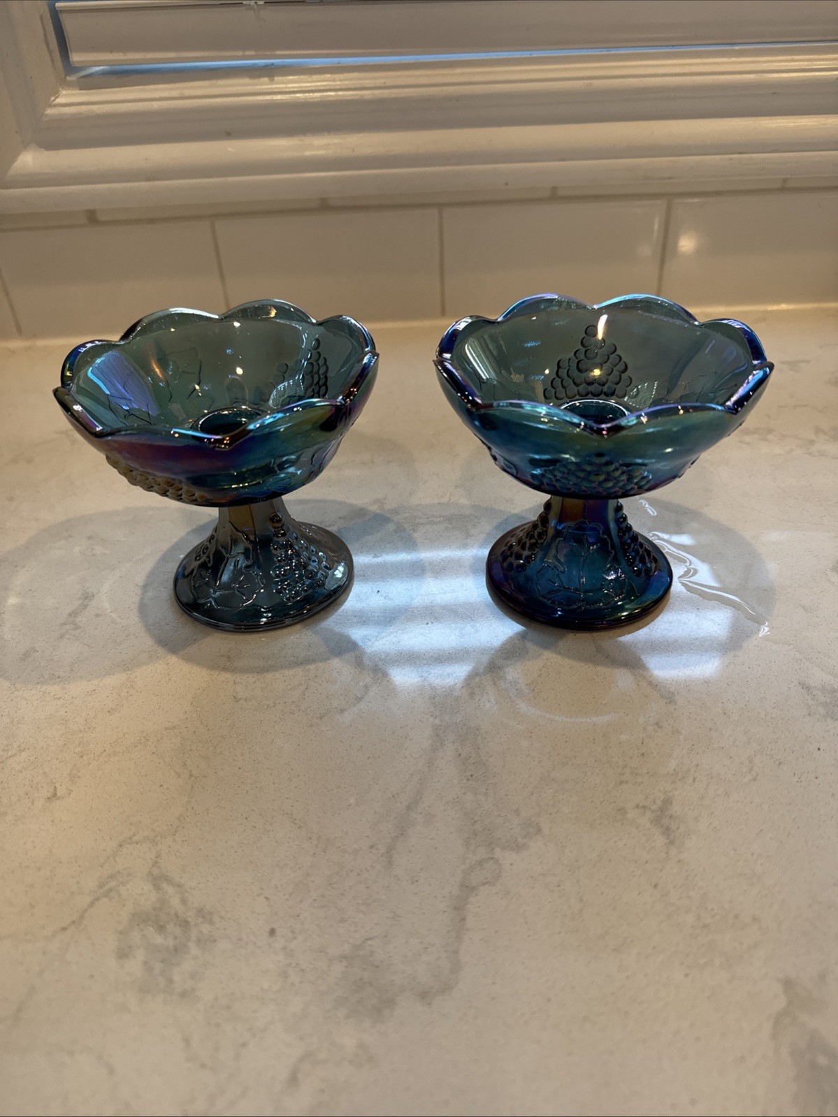 Vintage Indiana Carnival Glass Candle Sticks Harvest Grape Pattern