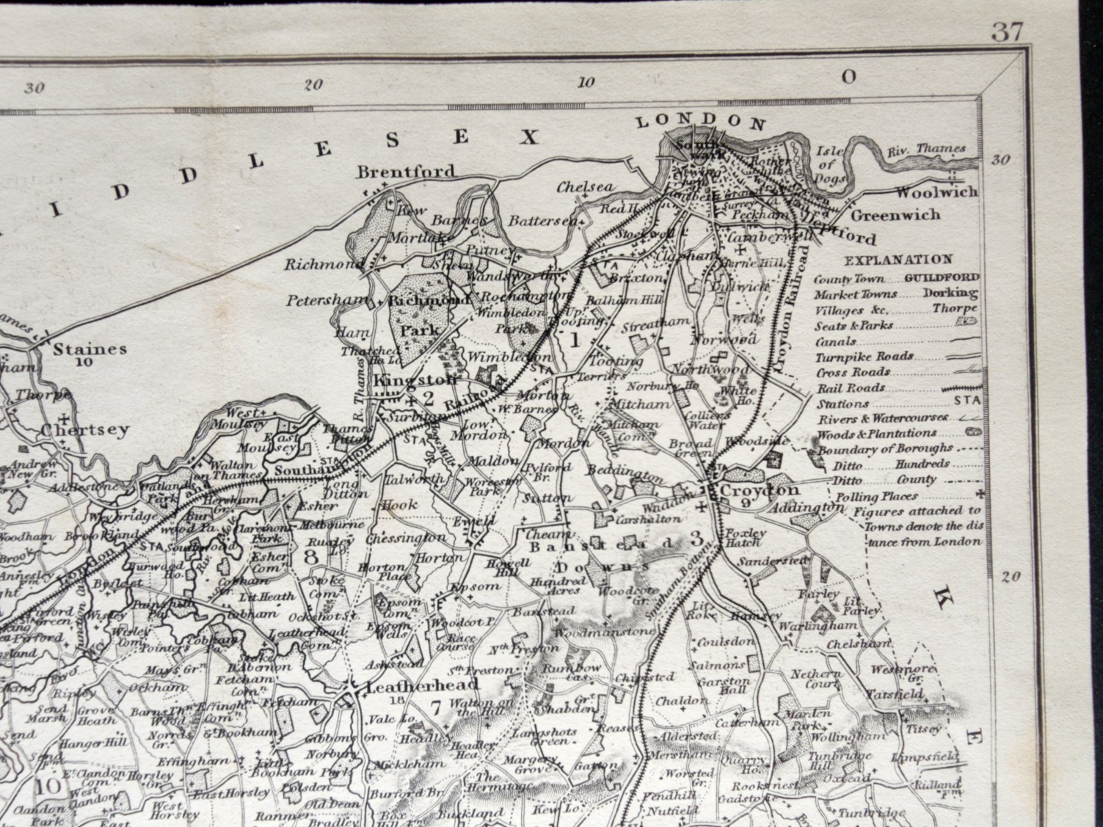 Antique c. 1850 county map – Surrey – Joshua Archer