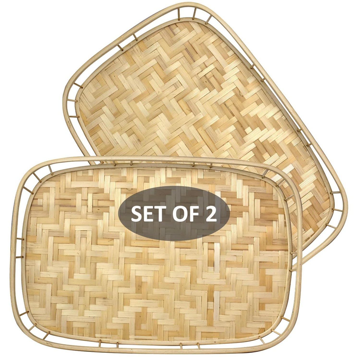PEMAR Large Bamboo Wicker Serving Trays Set of 2 – 19.3″ x 13.8̸