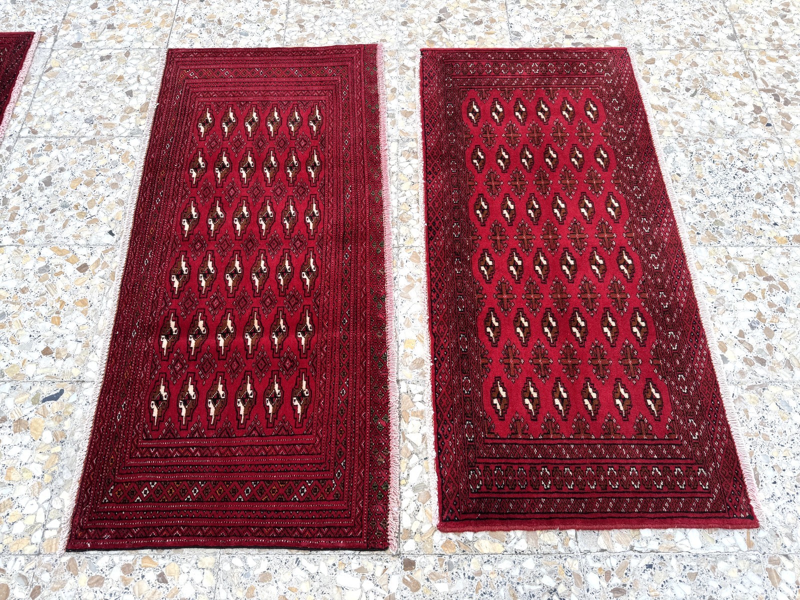Red Hand Knotted Afghan Turkmen Rug 2×4 Pair Of Two Geometric Small Area Carpet