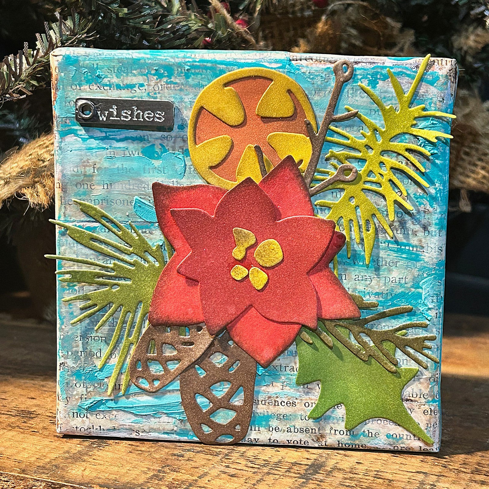 Primitive Handmade Wishes Poinsettia Mixed Media 4×4″ Canvas OOAK