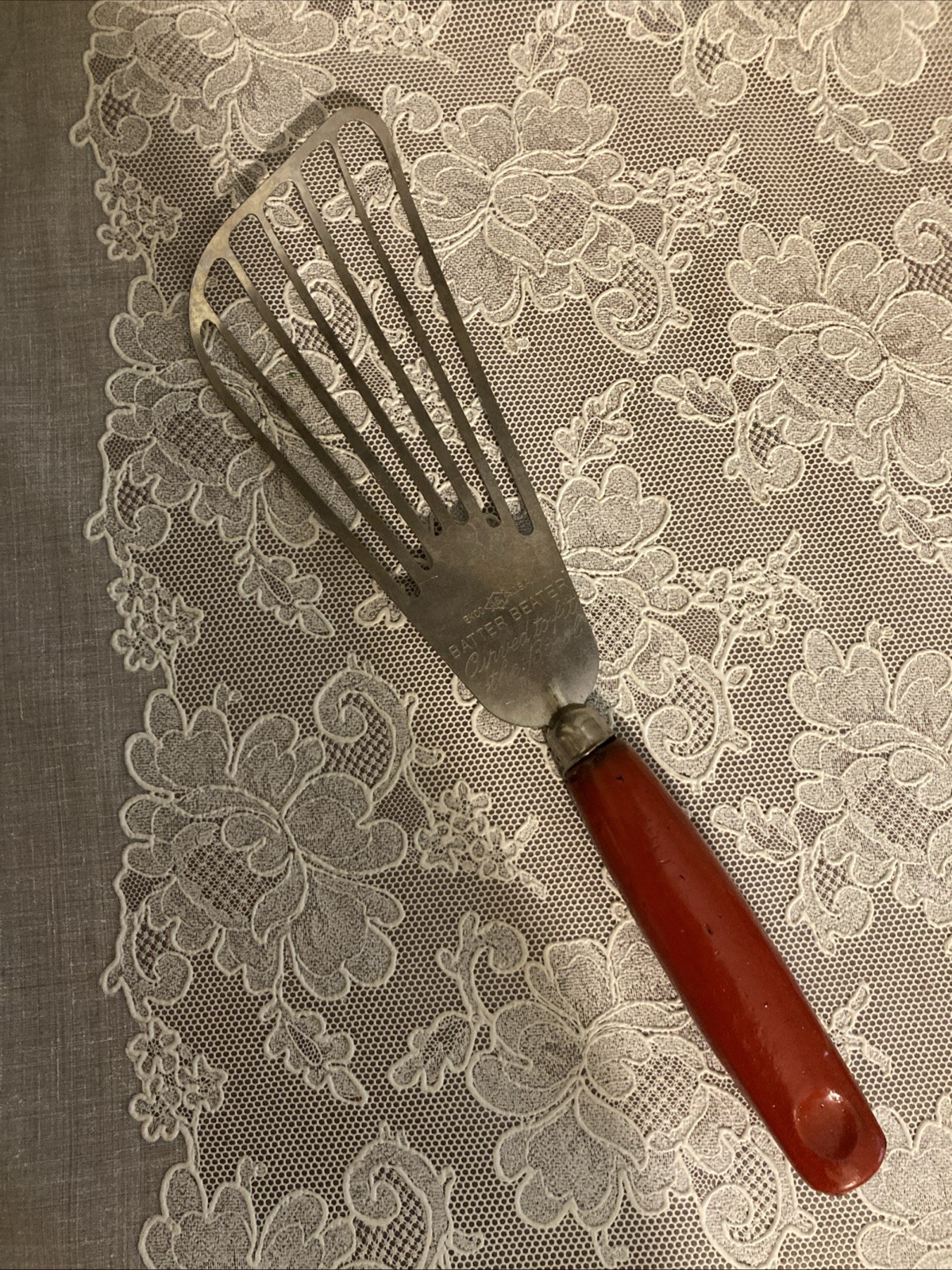 Vintage Ekco A&J Fisher Turner Batter Beater Red Wood Handle Rustic Farmhouse
