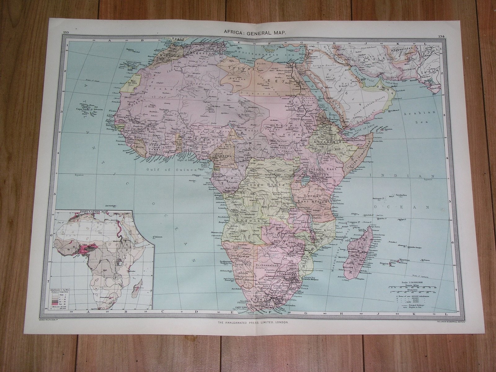 1908 ANTIQUE POLITICAL MAP OF AFRICA BRITISH FRENCH GERMAN COLONIES