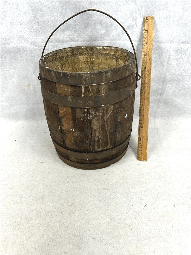 antique bucket keg barrel cask 8.5 x 7 oak stave wire handle primitive original