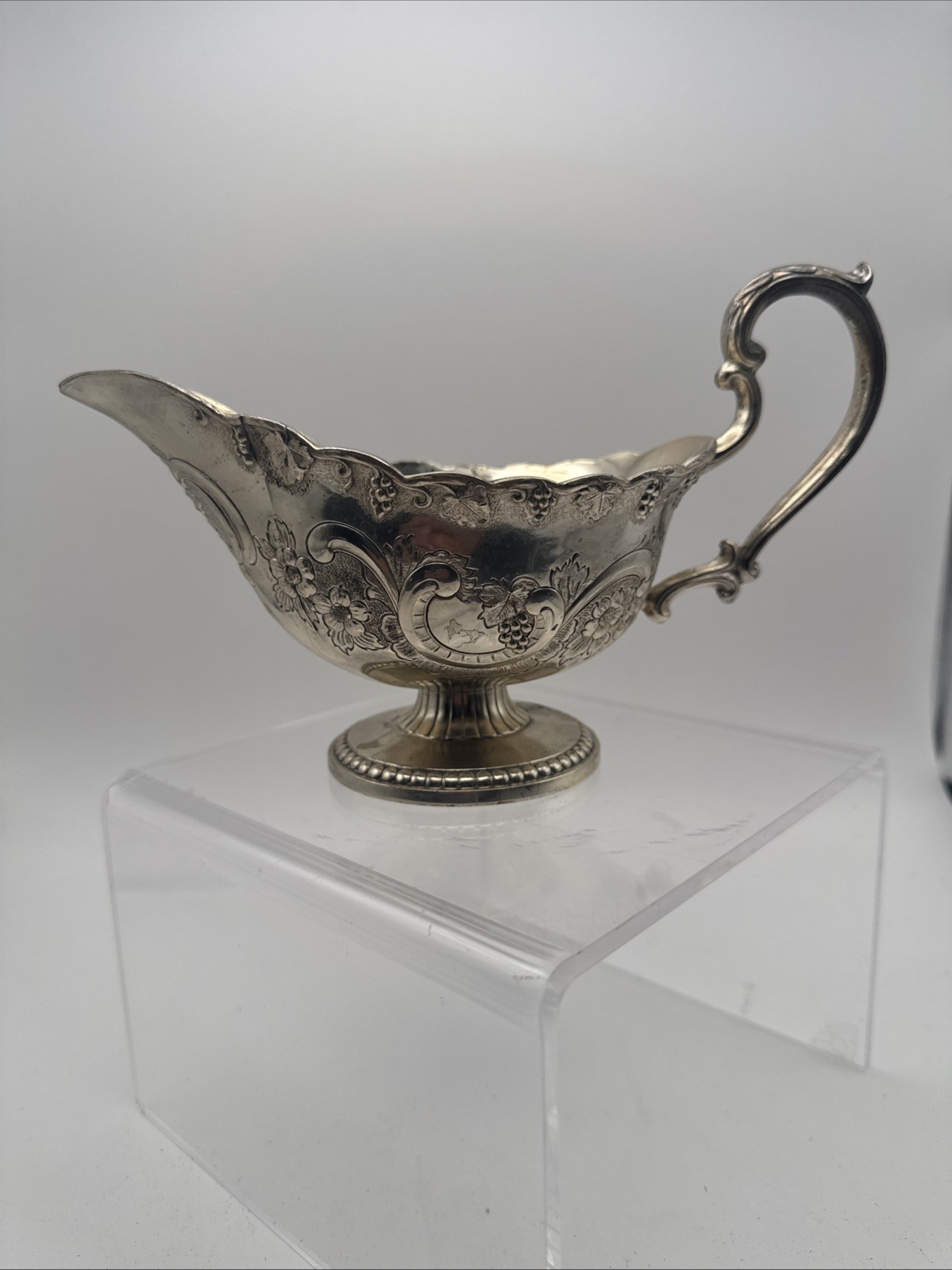 Antique Patina Gravy Boat Maybe Silver Plate Or ? Very Ornate And Cool