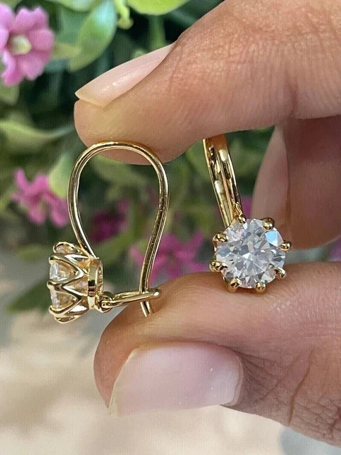 Women’s Drop Earrings 14K Yellow Gold Plated Silver 2Ct Round Cut White Diamond