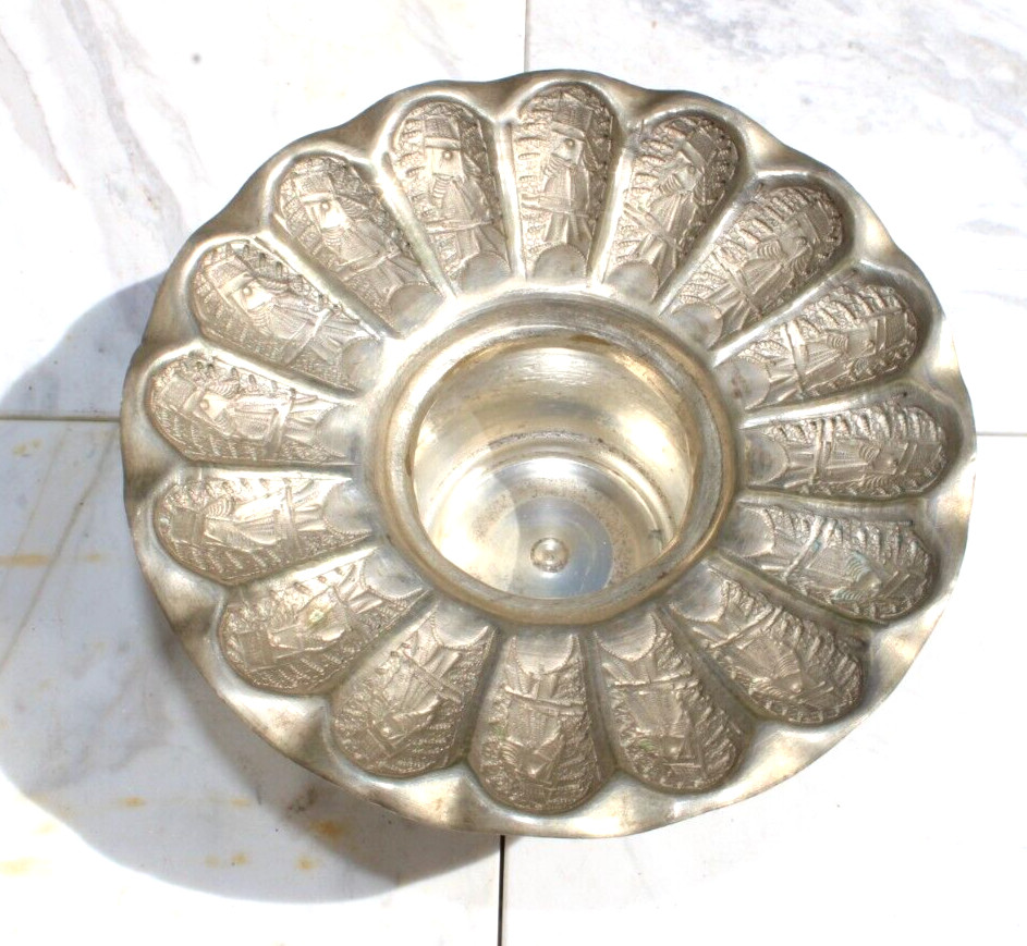 Antique Vintage Persian Silver Brass Round Reposse Etched Spittoon