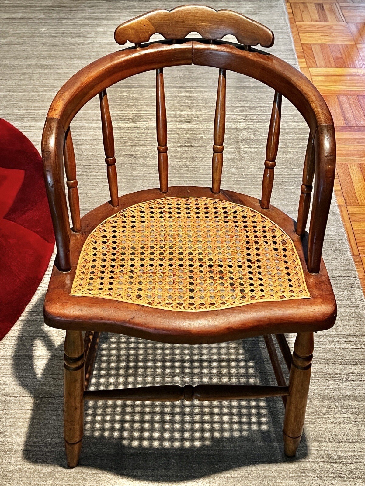 Antique Primitive Bow Back Spindle Back Cane Seat Windsor Accent Chair