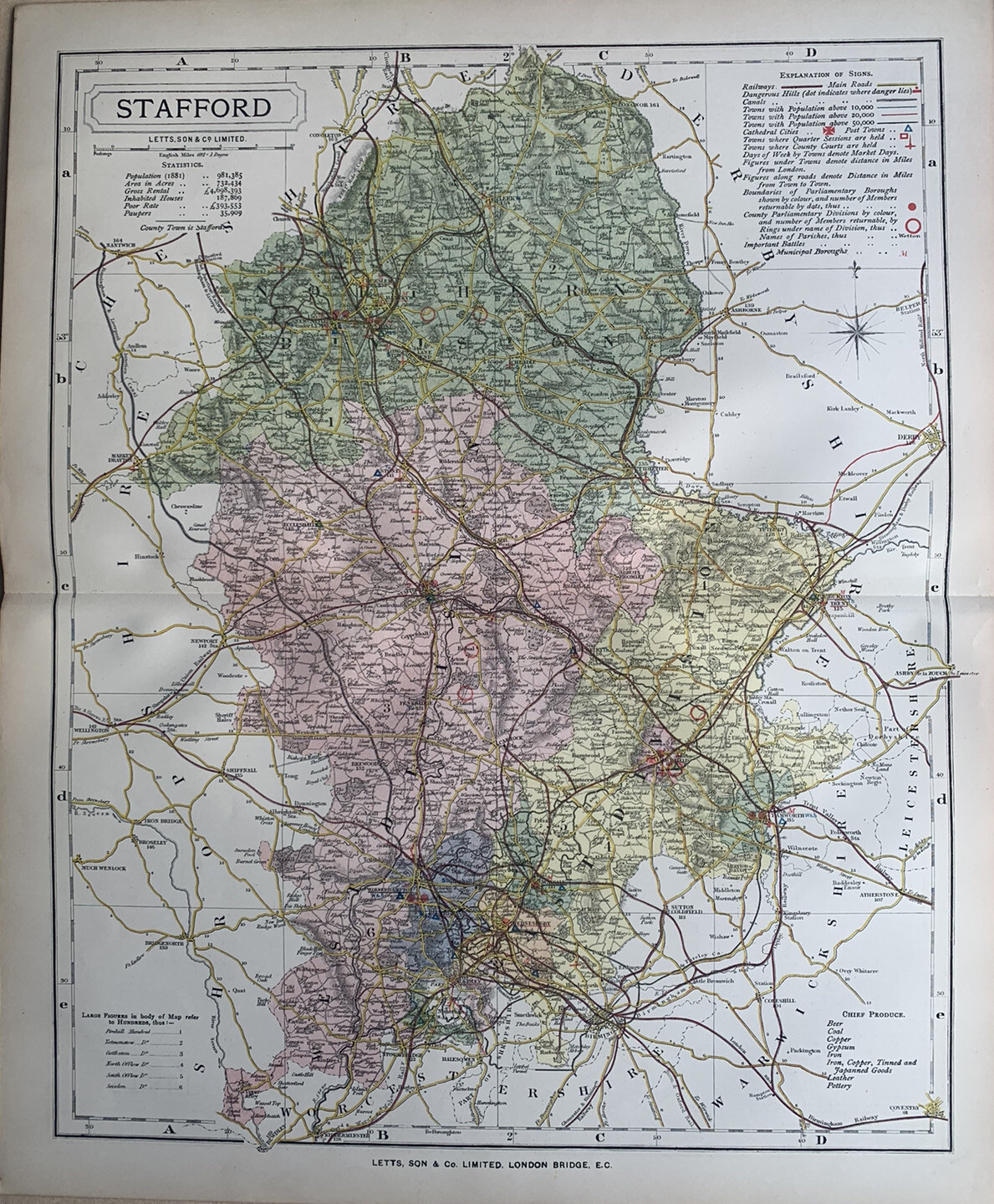 1884 Staffordshire Original Antique Coloured County Map by Letts