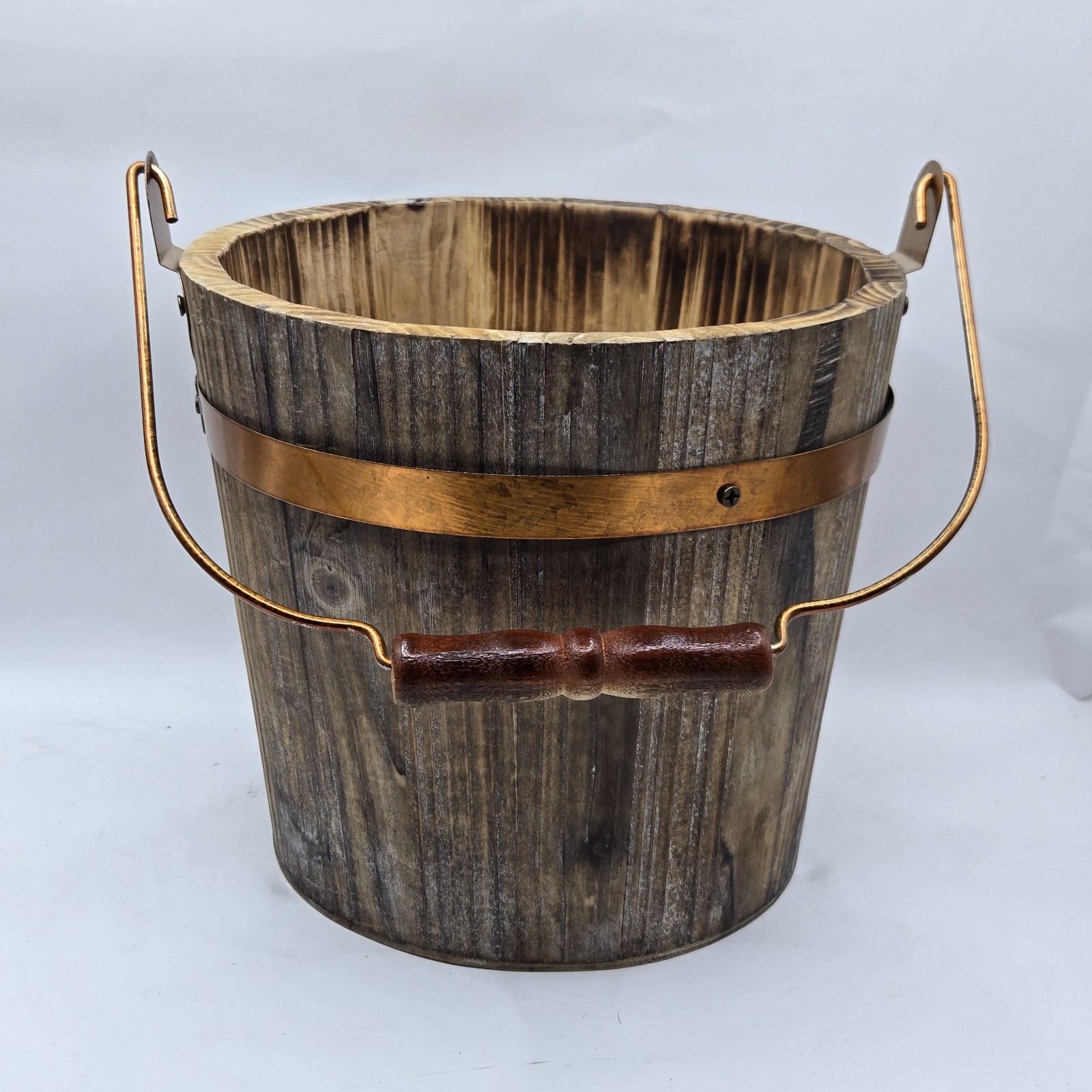 Farm Bucket Handmade Copper Band & Handle Aged Wood Patina Planter Decor 6.5″H