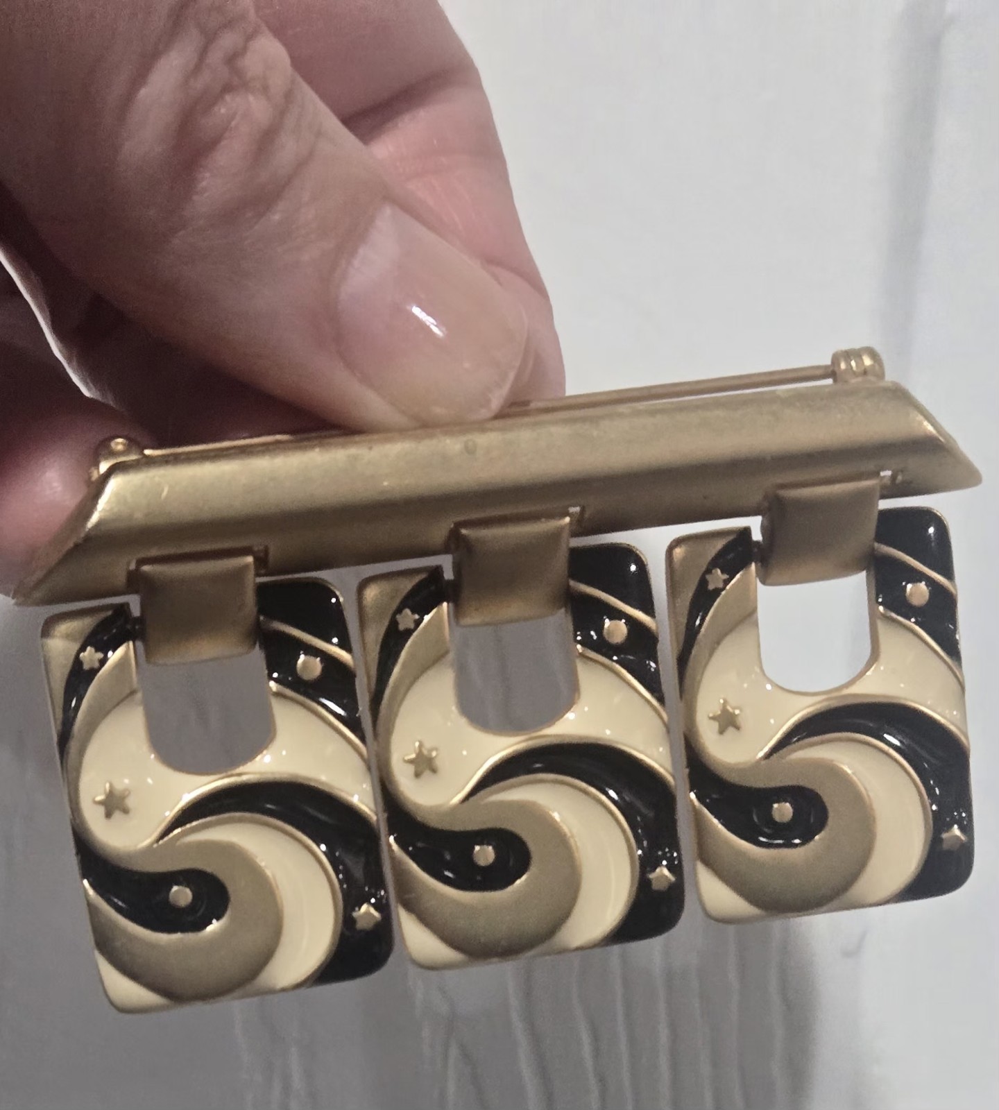 Vintage 1970s Mod Enamel Swirl Brooch Gold Tone Black Cream Art Deco Revival Pin
