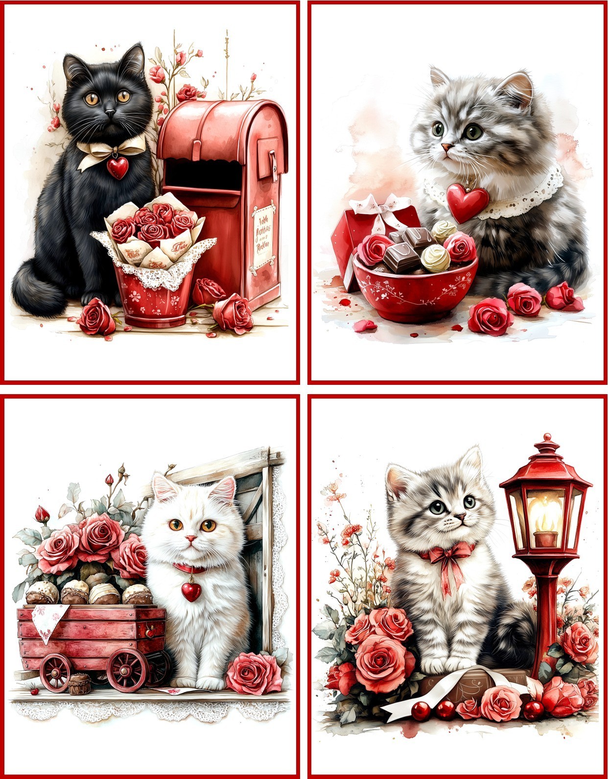 8 assorted Cat valentines glossy blank folded card w/red envelopes set 2
