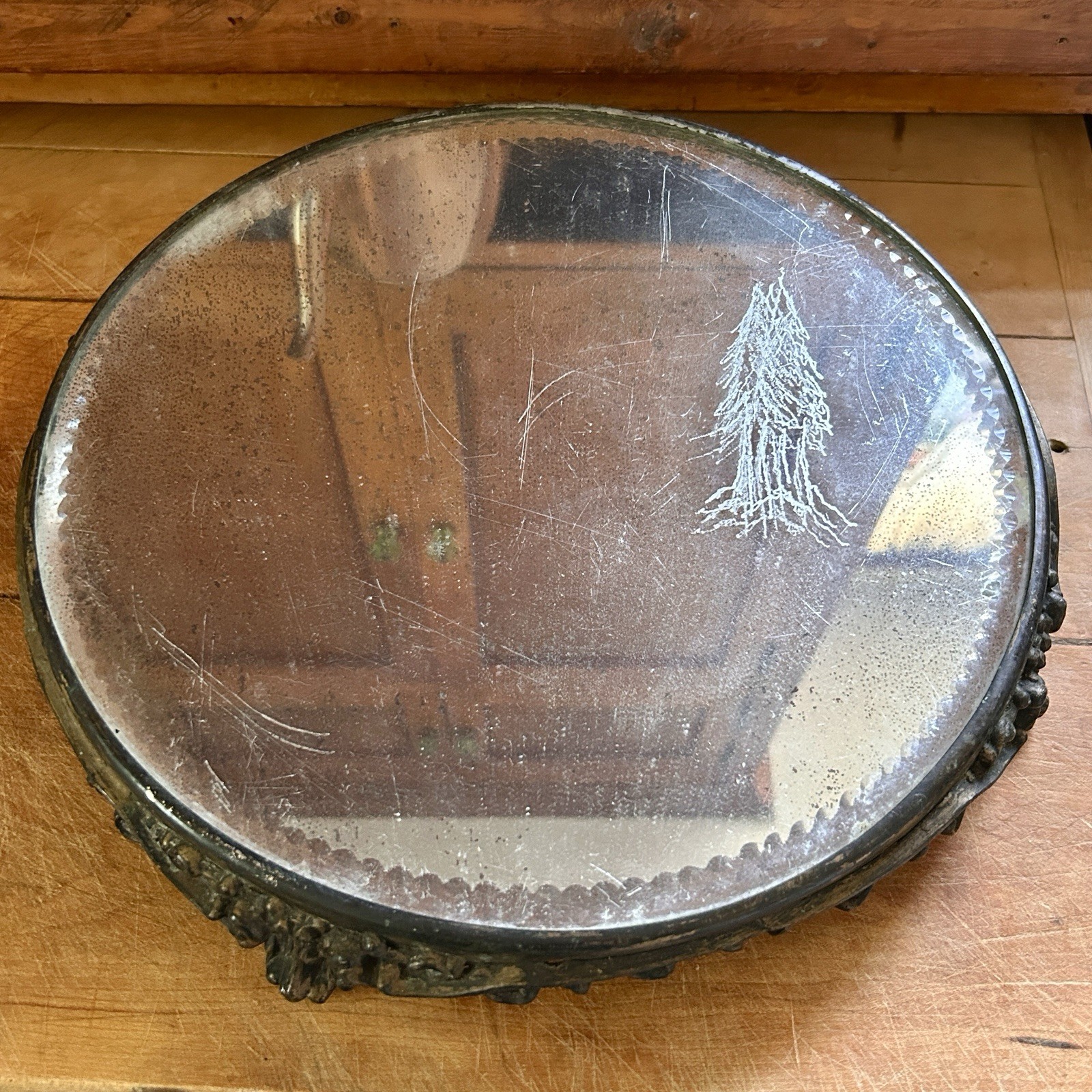 LARGE Antique Plateau Table Mirror 12″ with Beveled Mirror As-Is. Tree Engraving