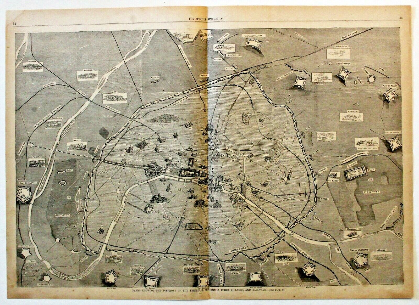 BUILDINGS, FORTS, VILLAGES, RAILWAYS OF PARIS, FRANCE Antique map engraving 1871