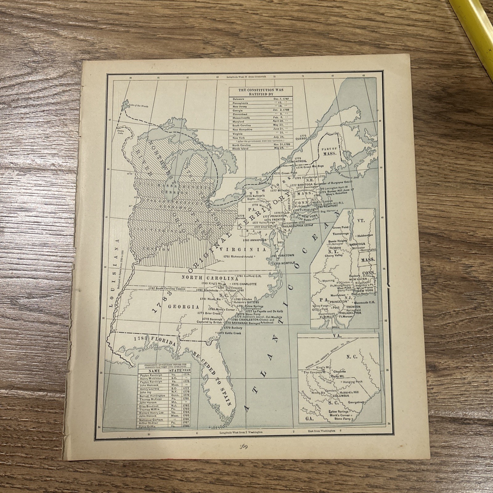 Antique 1890 Map Eastern United States With Constitution Ratified Dates 14”x11”