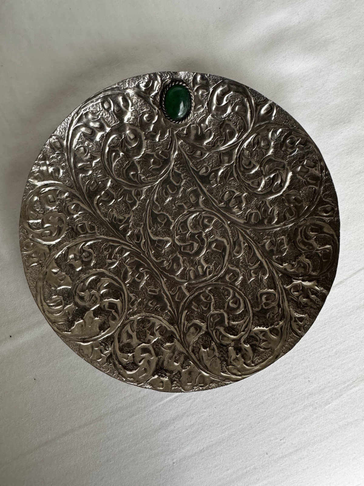 Silver Plated Decorative Plate with Green Stone and Engraved Floral Motifs