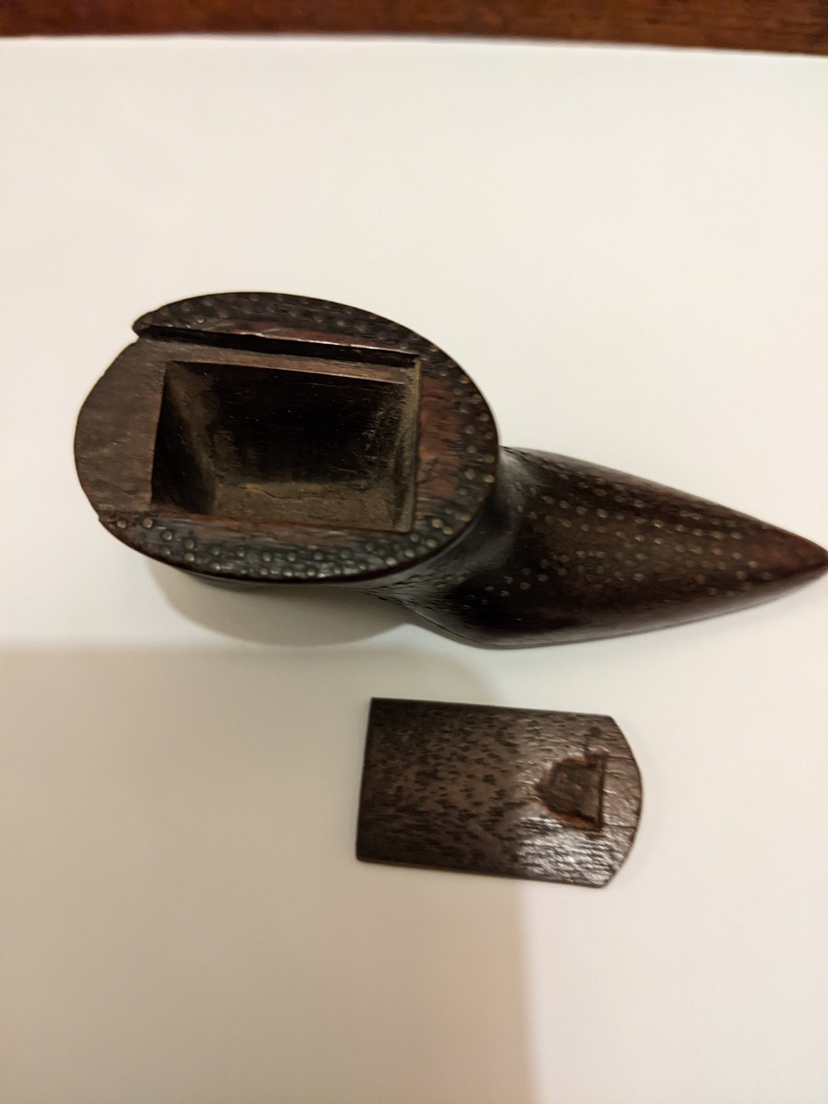 Antique Georgian Treen Snuff Shoe Brass Pique Decoration.