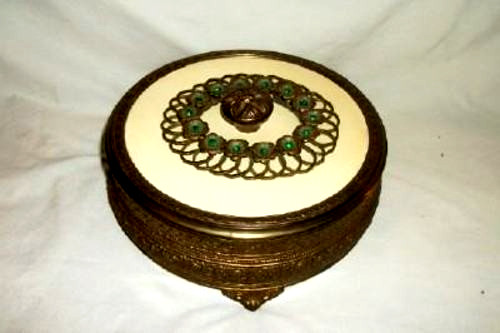 Cottagecore 1920s Bronze Jeweled Vanity Dish Celluloid Divided Glass Antique