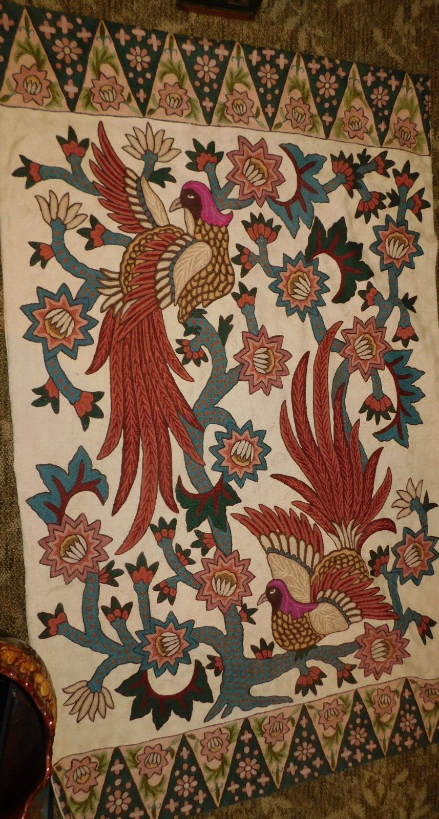 ANTIQUE TAPESTRY WITH BIRDS / PHEASANTS~35″ X 59 1/2″ AND SIMPLY BEAUTIFUL!!!