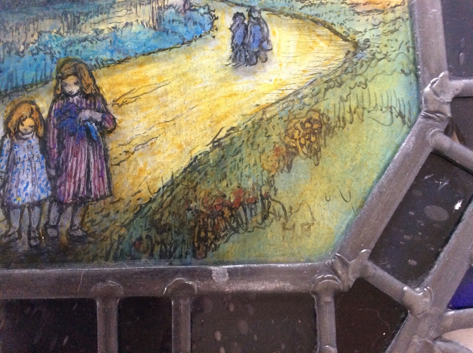 STAINED AND PAINTED LANDSCAPE GLASS ANTIQUE PANEL .SIGNED? VGC. 1 0F 2 RESCUED.