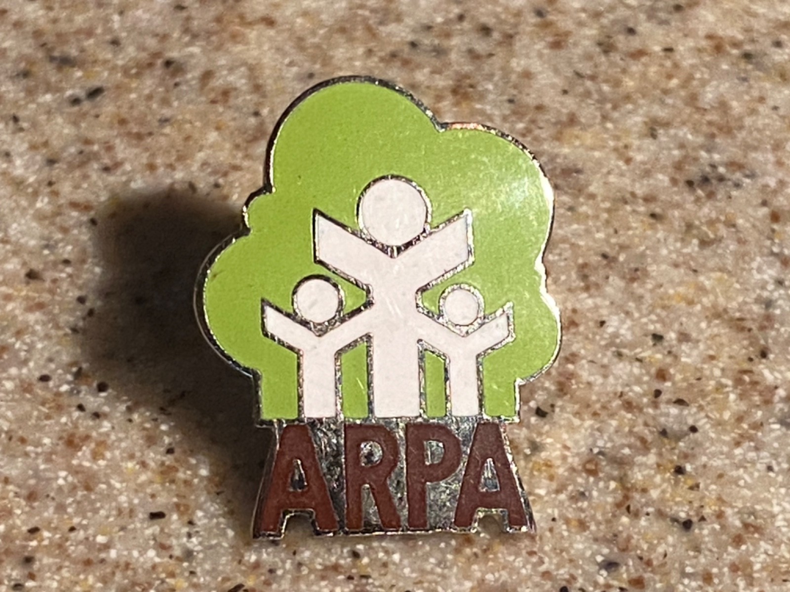 Vintage Silver Tone Green White Red Enamel ARPA Lapel Pin Rare Tree Human