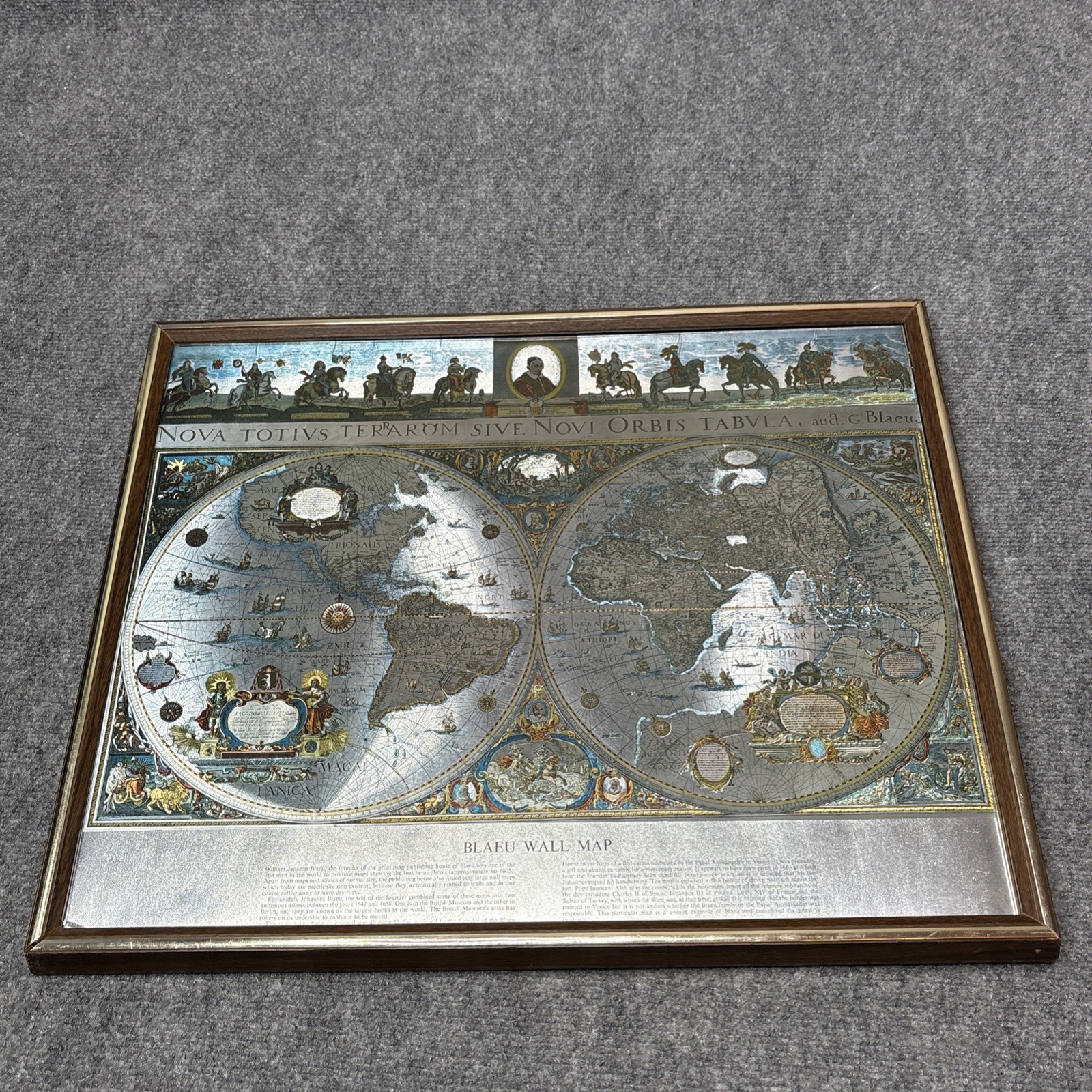Vtg Framed Gold Foil Blaeu Wall Map Old New World 21×17 Nova Totivs Orbis Tabvia