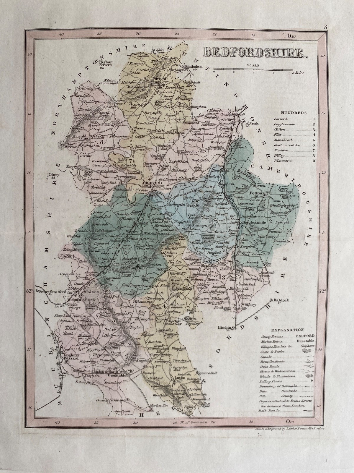 1850 Antique Map; Bedfordshire by Joshua Archer