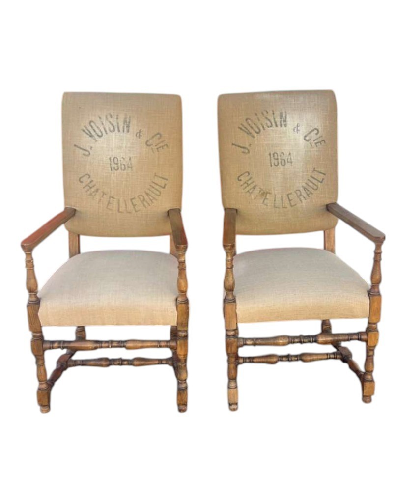 Pair of French High Back, Upholstered Arm Chairs