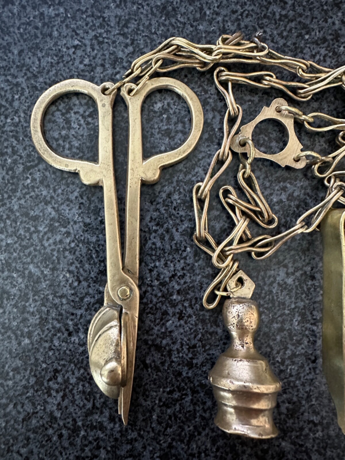 Antique Brass Chatelaine Set Snuffer, Duster, Clip 19th Collection