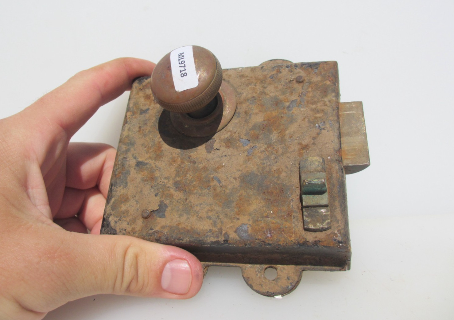 Antique Iron Bathroom Door Rim Lock Brass Knob Handle Bolt Victorian Old Vintage