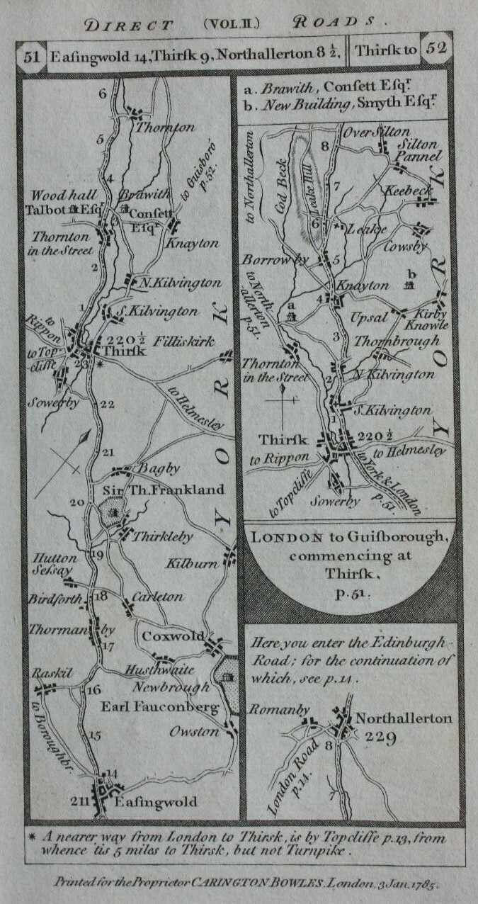 Original antique road map YORKSHIRE, EASINGWOLD, THIRSK, Paterson, 1785
