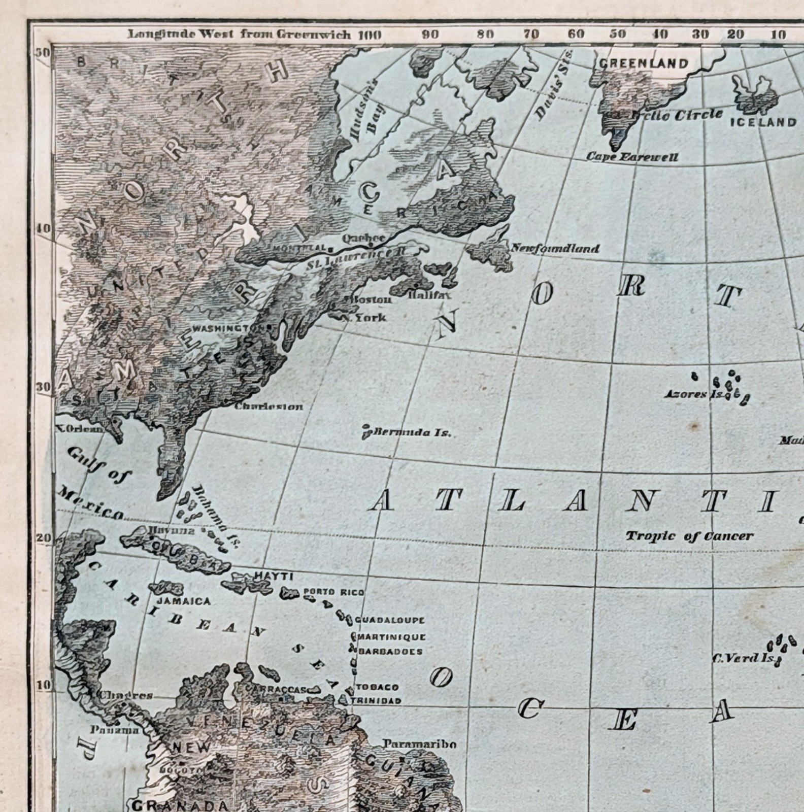 1849 Atlantic Ocean Map ORIGINAL United States Africa Europe South America