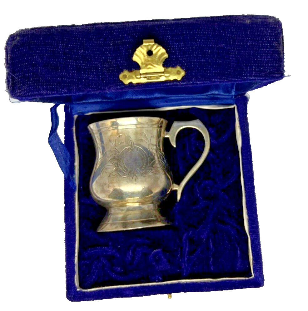 Antique Miniature Silver Cup in velvet blue box etched with flowers. Pre-loved