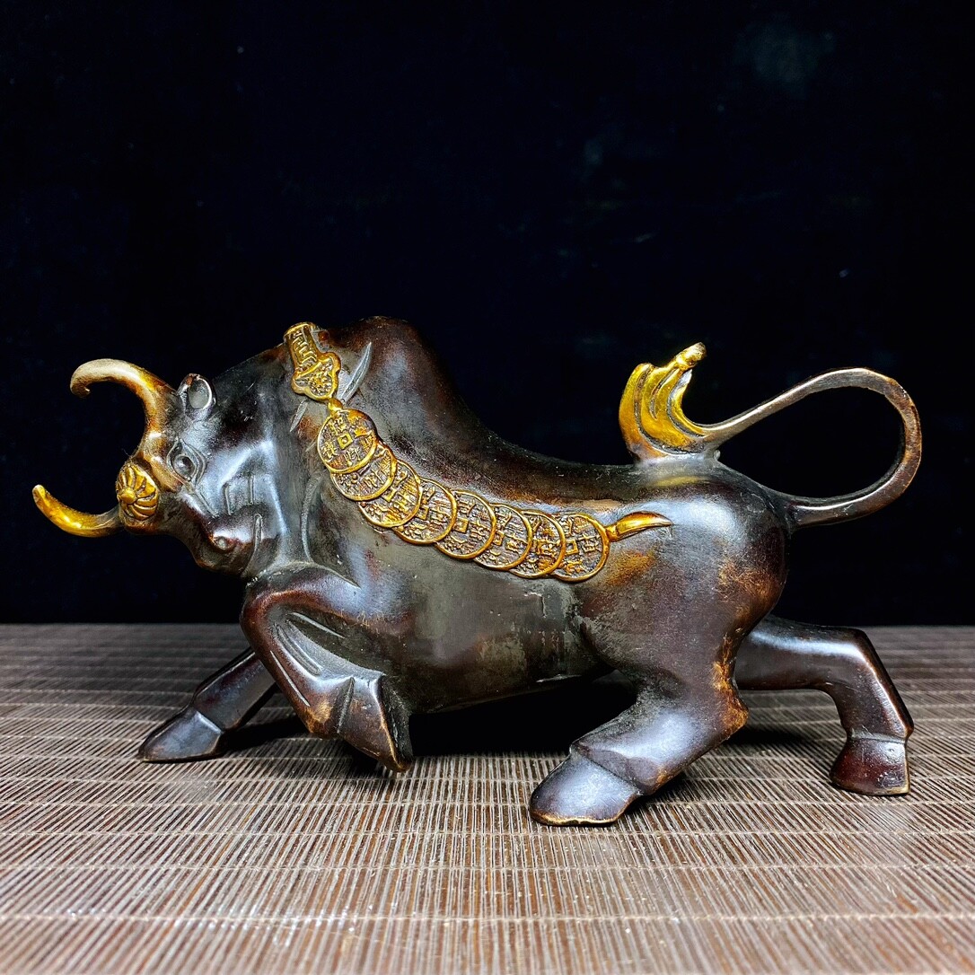 15″ old China antique Fine carving Pure copper Gilding cattle statue