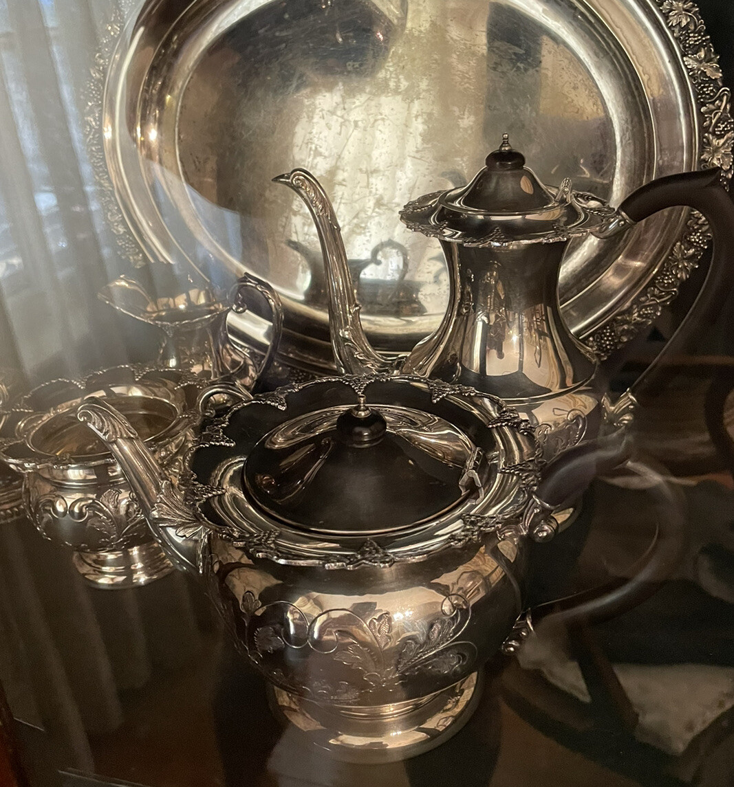 RARE VINTAGE SILVER ROCOCO STYLED COFFEE TEA POT SERVICE SET – GRAPE VINE MOTIF