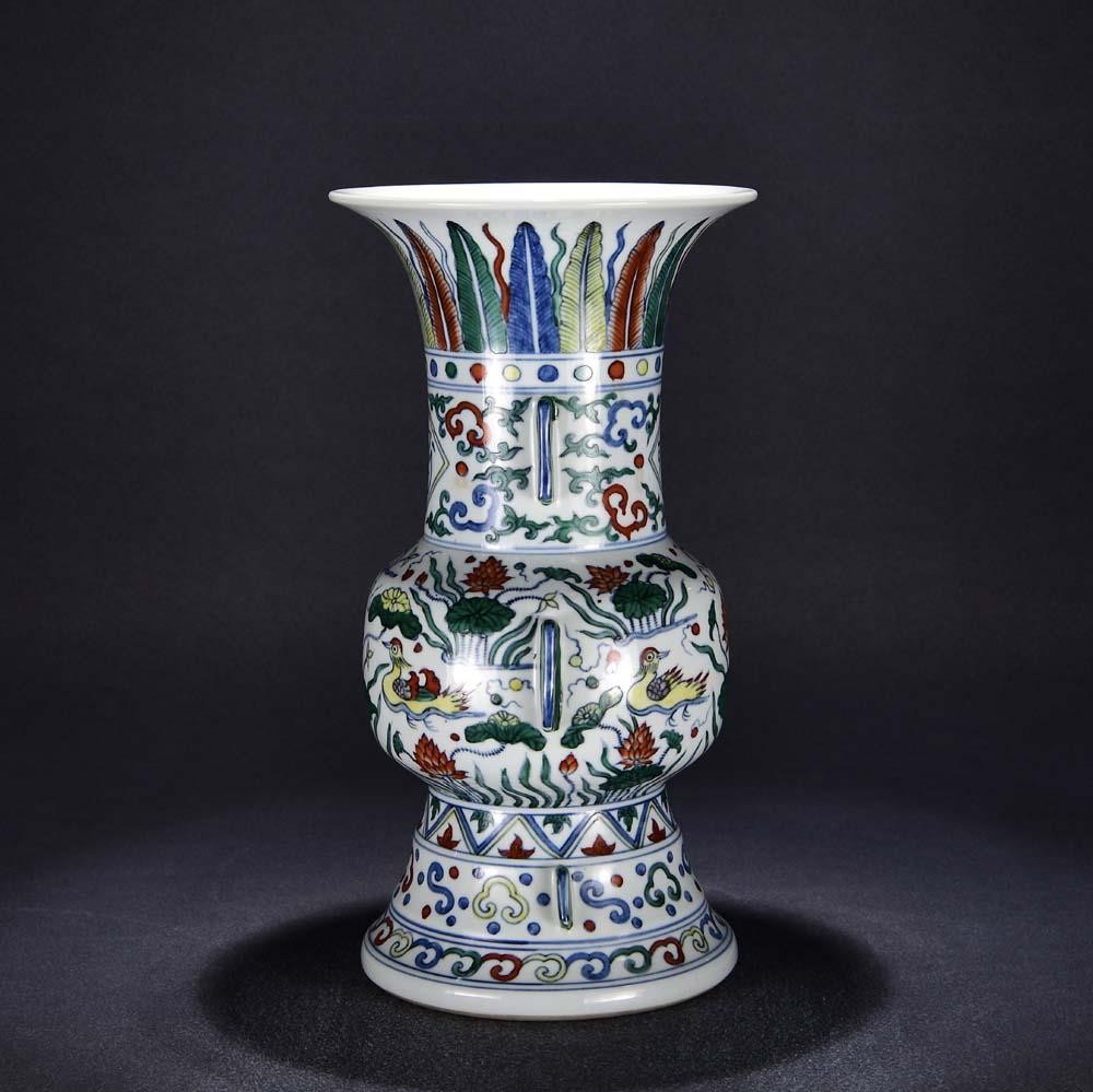 35CM Zhengde Signed Old Chinese Blue&White Wucai Vase W/louts flower U1962