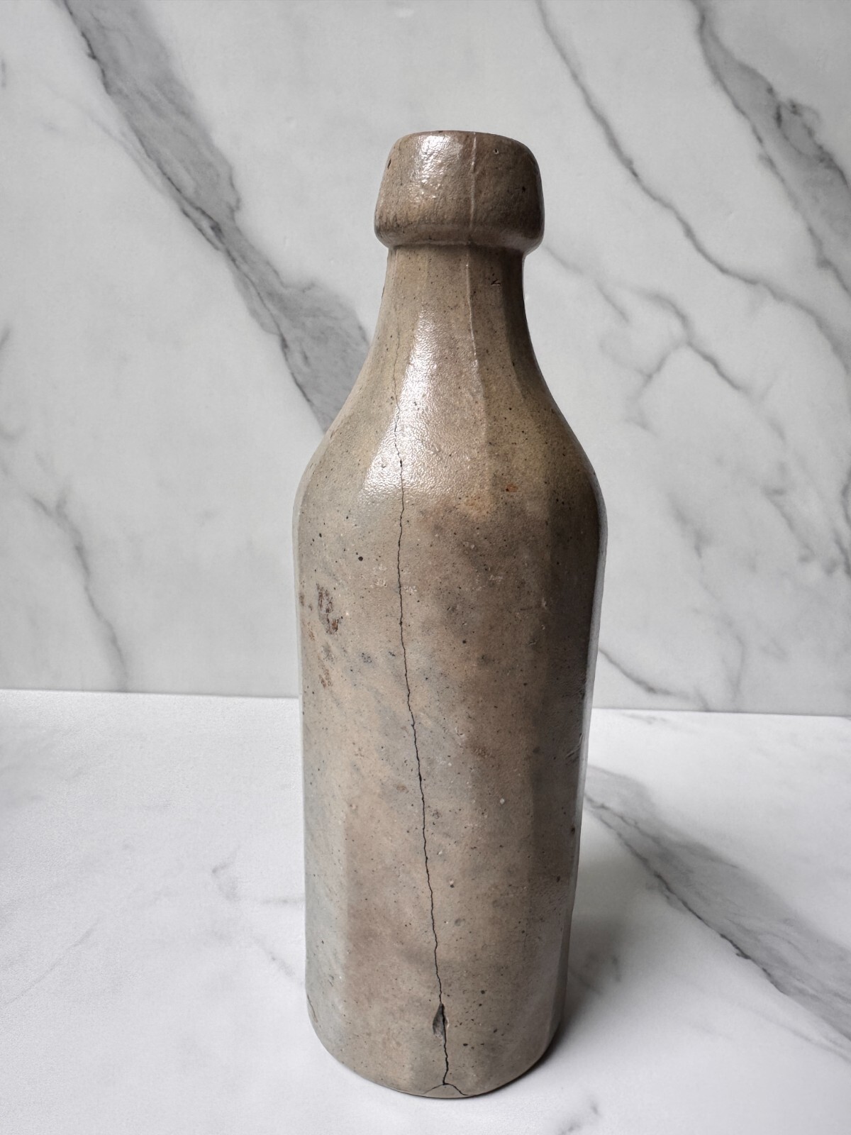 Antique 19th Century Unmarked Stoneware Beer Bottle (10″), 12 Sided, LOT A