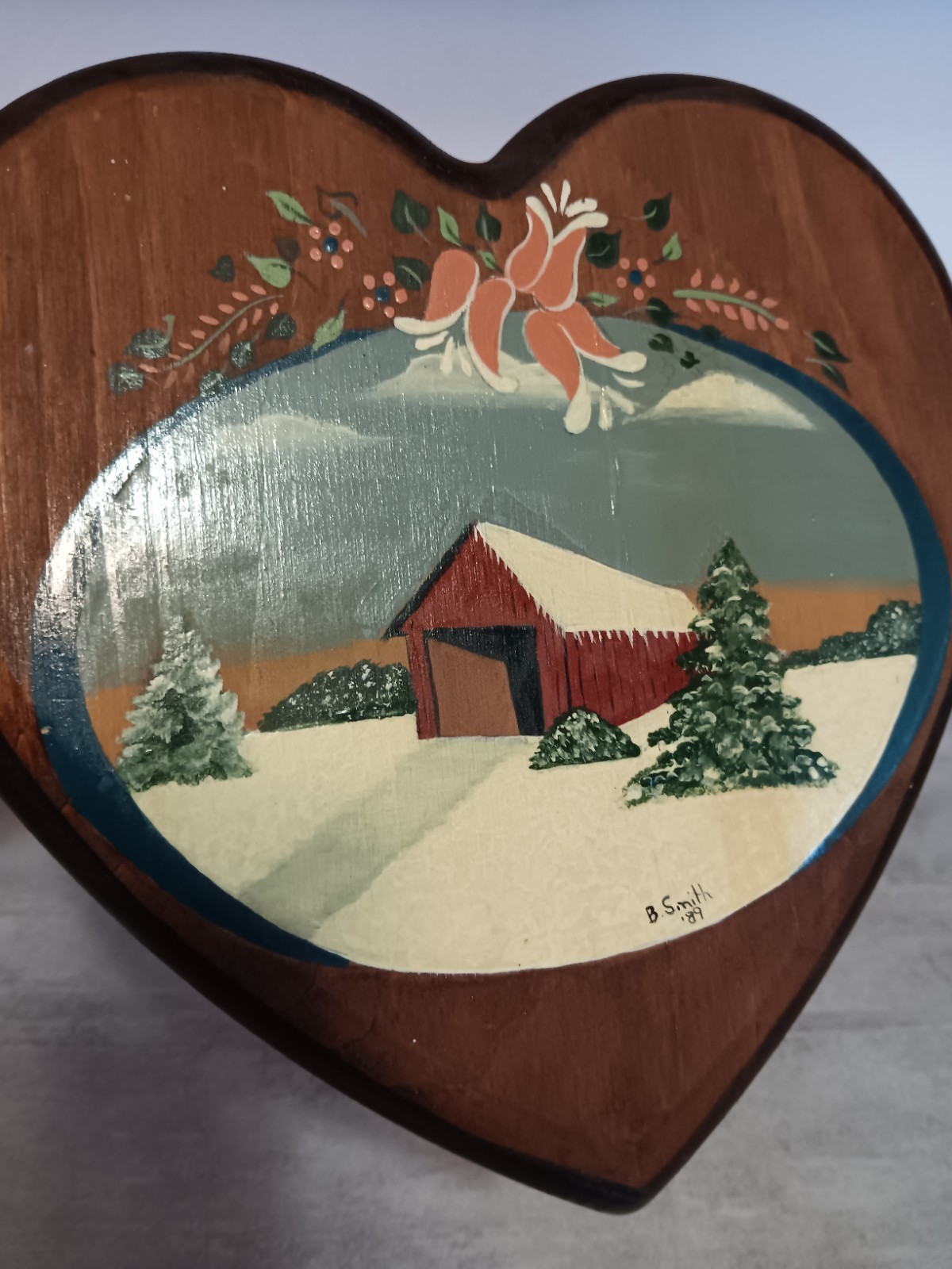 Handmade VTG Mini Stool Hand Painted Folk Art Cottagecore Covered Bridge 1989