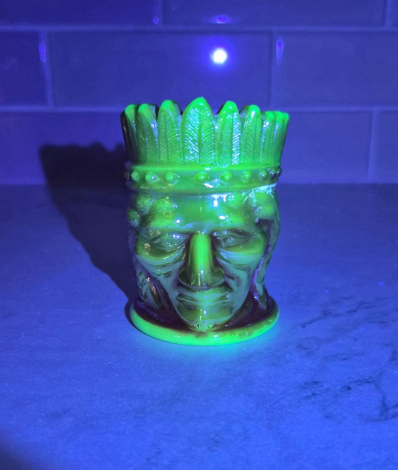 Joe St. Clair Uranium & Marigold Slag Glass Toothpick Holder (It glows!)