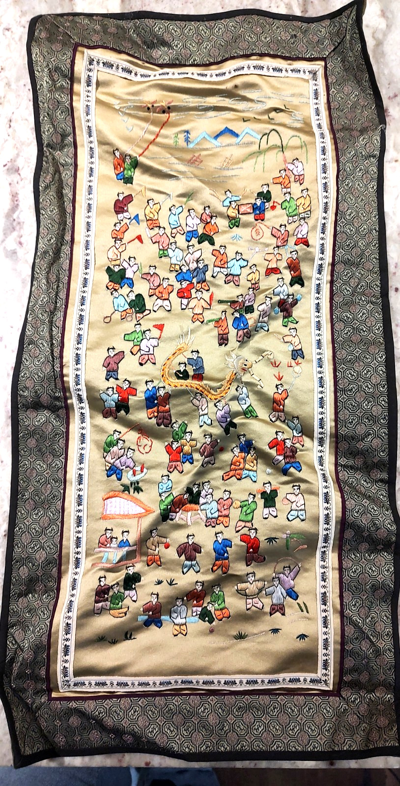 Vintage Chinese Silk Embroidery Tapestry 100 Children Playing 12×24 Prosperity
