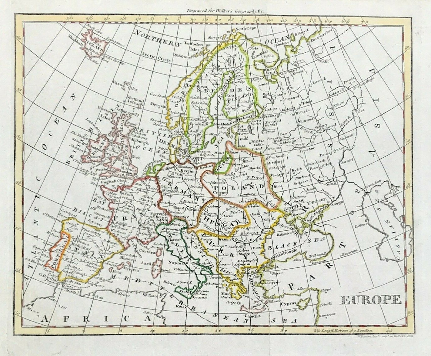 Europe by William Darton for Walkers Geography original engraved 1795 map